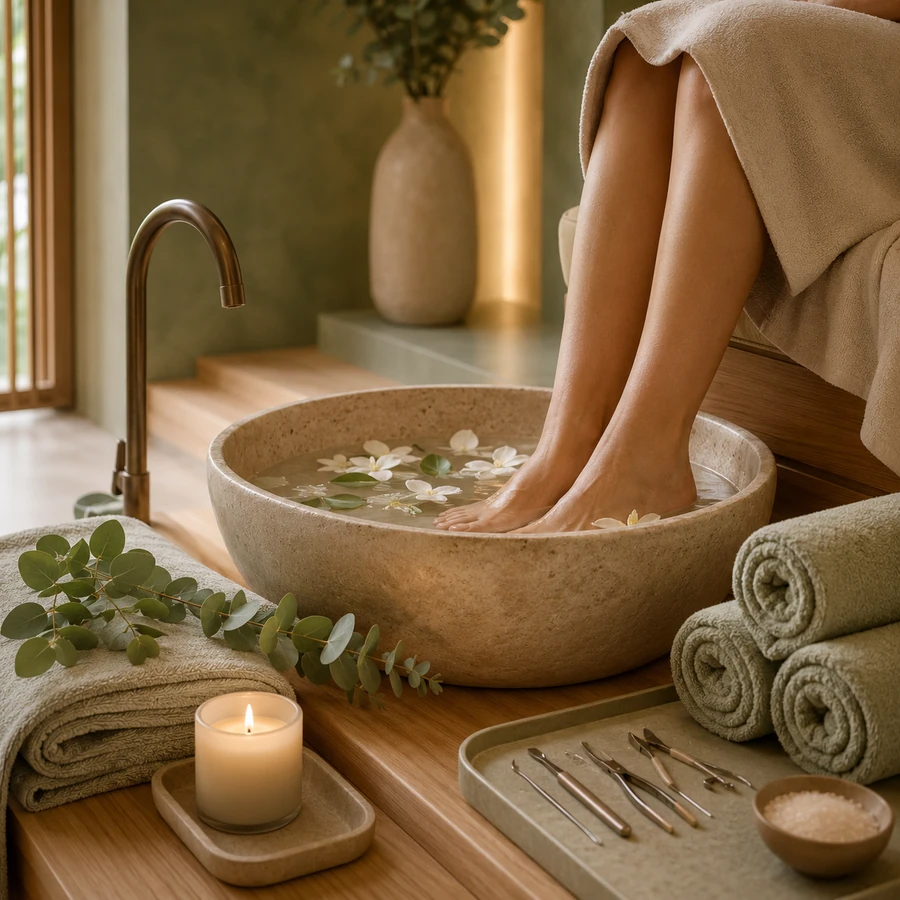 Feet resting in a stone pedicure soaking bowl scattered with white flowers