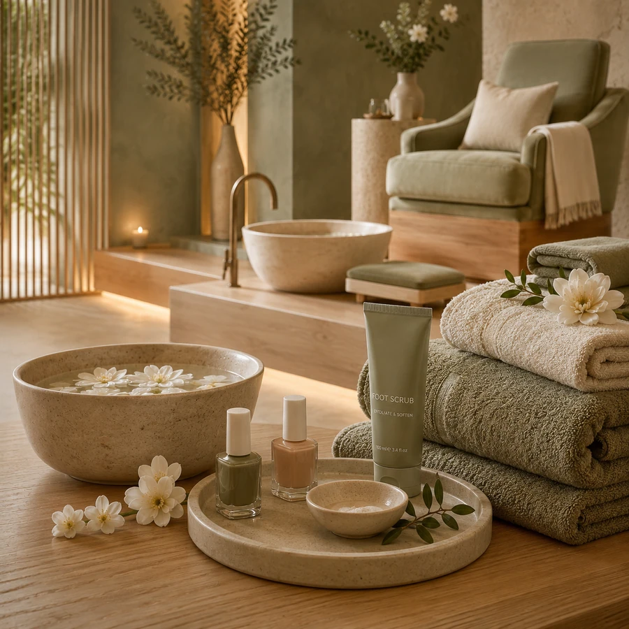 A styled arrangement of nail polish bottles, a foot scrub, and rolled towels on a pedicure tray