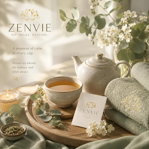 A Zenvie branded wellness still with herbal tea and towels