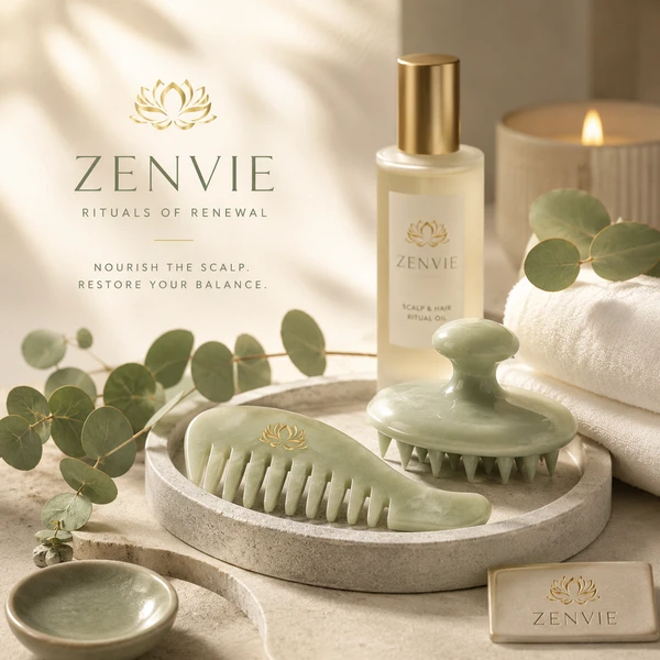 A Zenvie branded still of scalp and hair ritual care