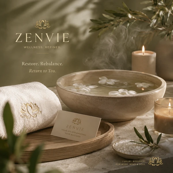 A calm Zenvie wellness still — towels, tea, and candlelight