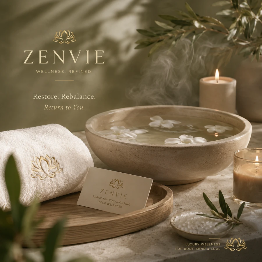 A calm Zenvie wellness still — soft towels, tea, and candlelight