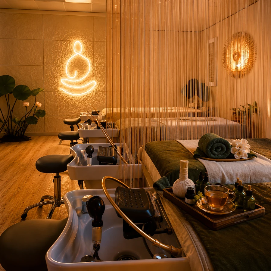 Inside the Zenvie head spa — the illuminated lotus sign, wash basins, and treatment beds