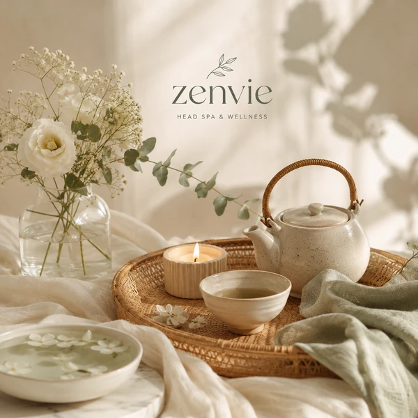 A Zenvie head spa and wellness still with tea and flowers