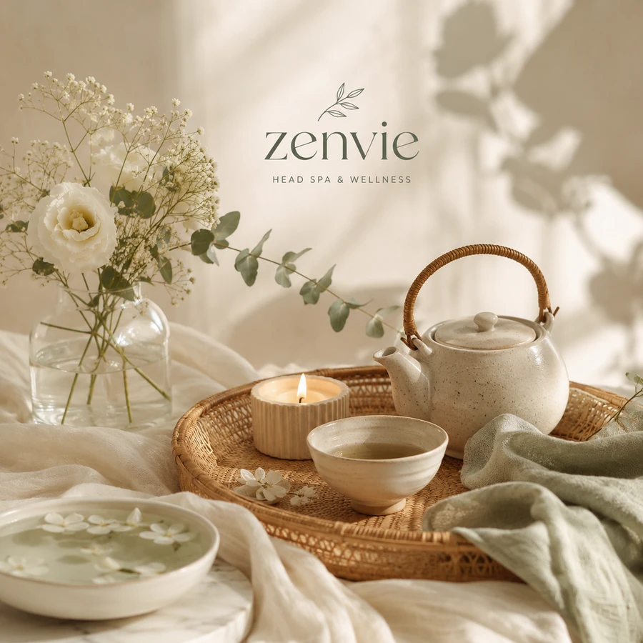 A calm Zenvie head spa and wellness still — tea, flowers, and eucalyptus