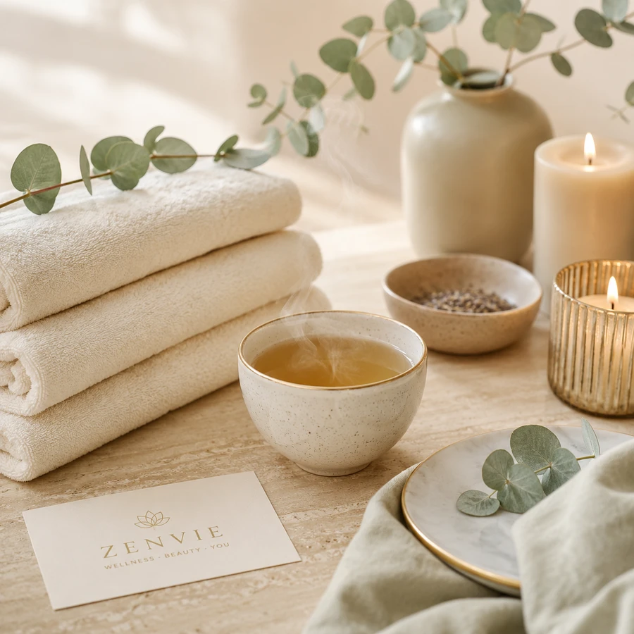 A calm Zenvie wellness still — soft towels, tea, and candlelight