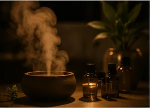 Editorial image of a steaming aromatherapy diffuser beside essential oil bottles