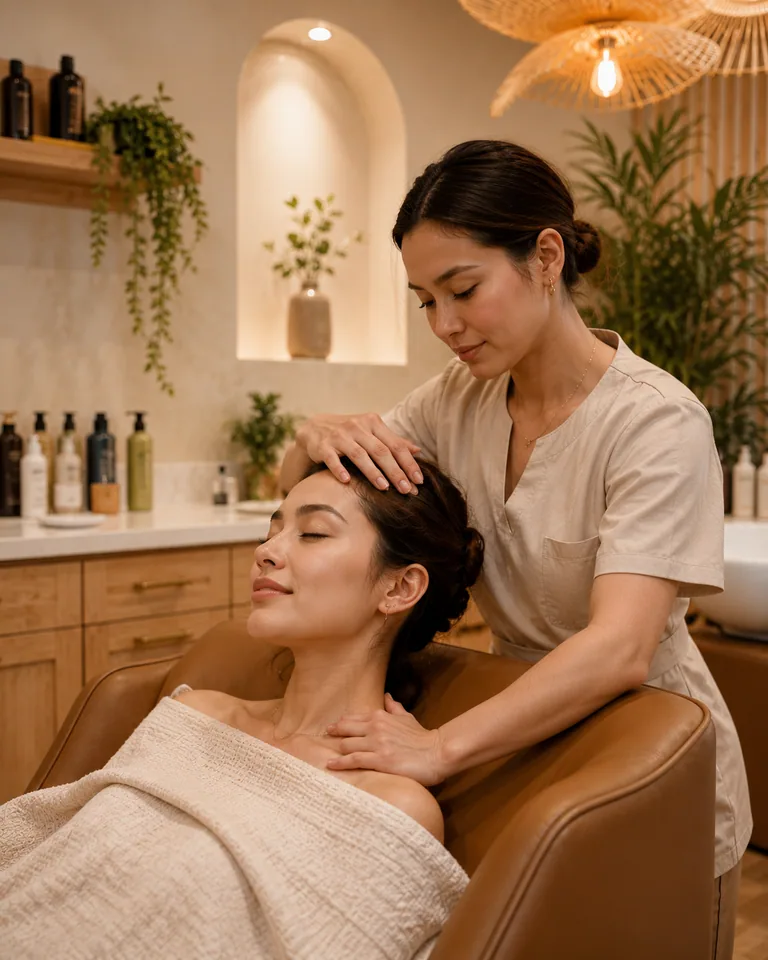 A therapist performing a relaxing scalp, neck, and shoulder massage